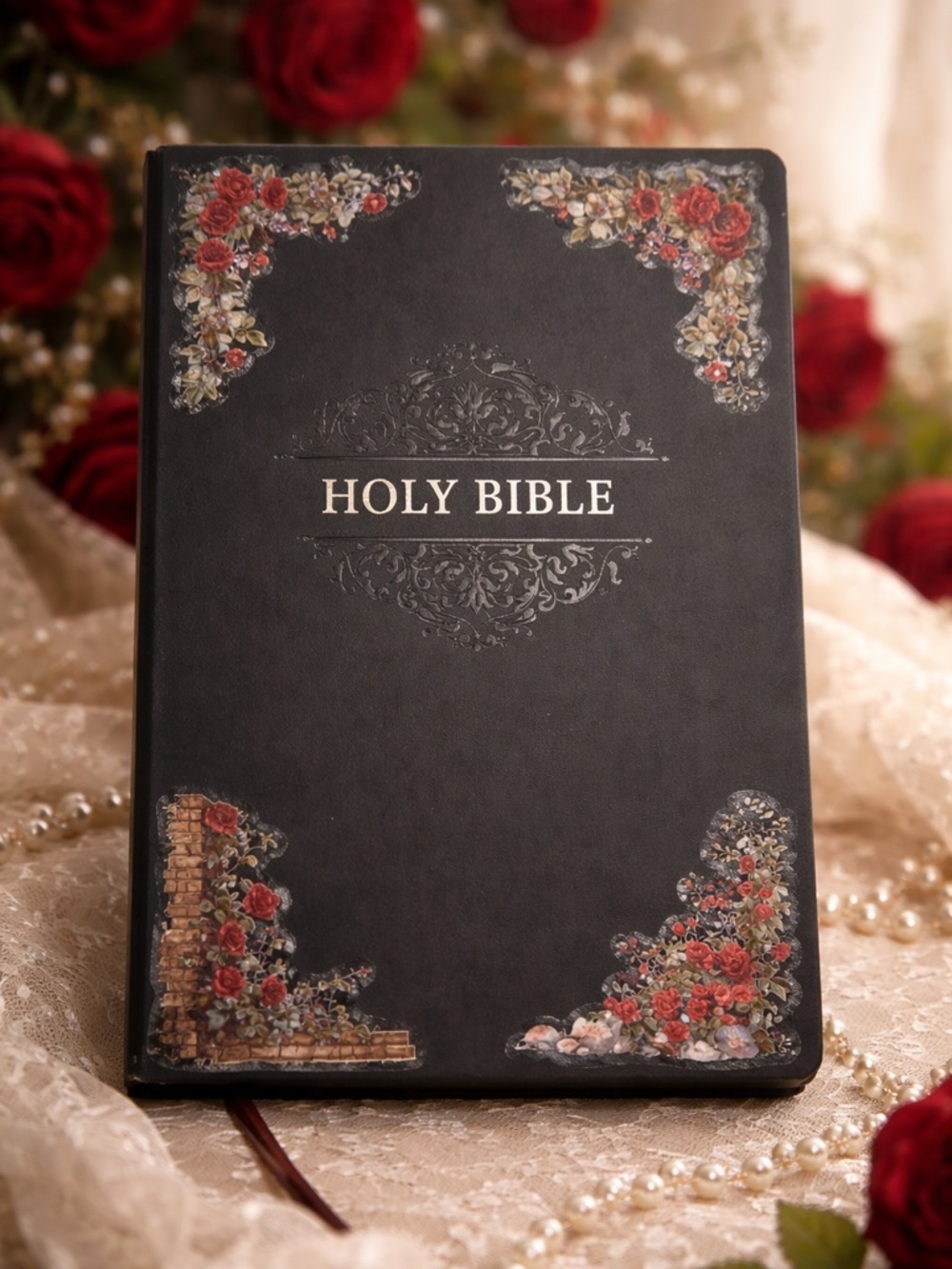 Classic Black Holy Bible with Floral Corners
